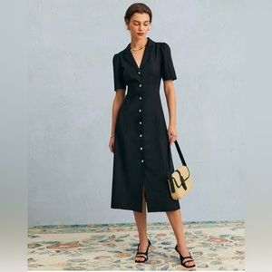 NWT RIHOAS V Neck Button Puff Sleeve Midi Dress Sz S, M.